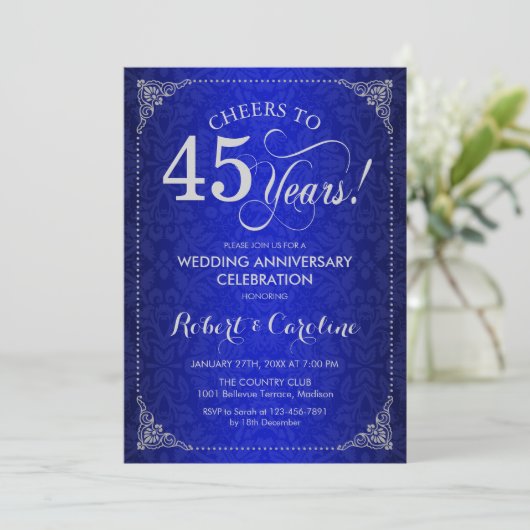 45e bruiloft Jubileum - Blauw Zilveren Damask Kaart (Staand voorkant)