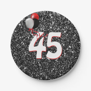 45e geboortedag ballonnen op zwarte glitter papieren bordje