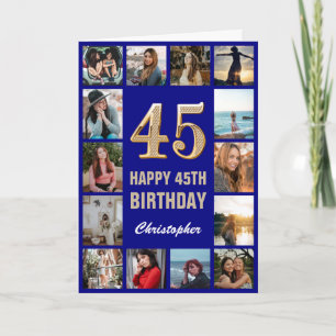 45e Happy Birthday Navy Blue & Gold Photo Collage Kaart