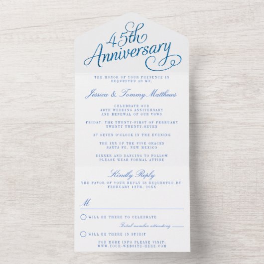 45e Jubileum van het Sapphire Wedding All In One Uitnodiging (Binnen)