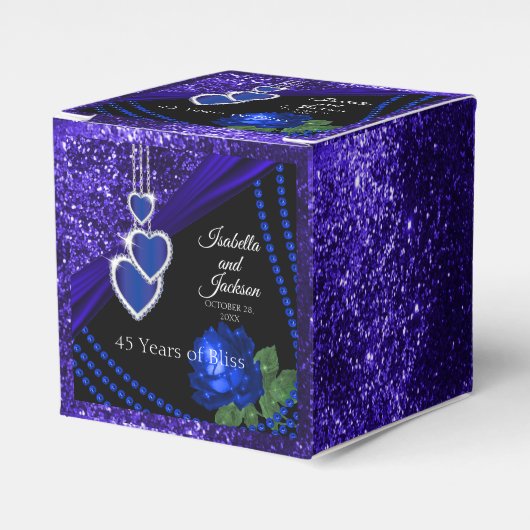 45e Sapphire Blue Glitter en Roos Jubileum Bedankdoosjes (Voorkant Zijde)