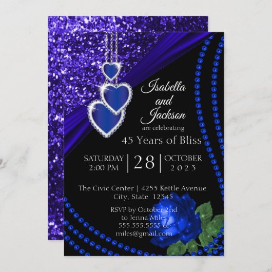 45e Sapphire Blue Glitter en Roze Jubileum Kaart (Voorkant / Achterkant)