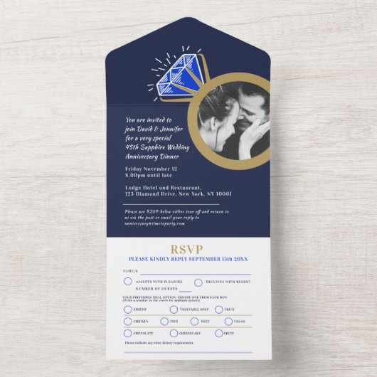 45e trouwdag diner saffier ring maaltijd all in one uitnodiging (Binnen)
