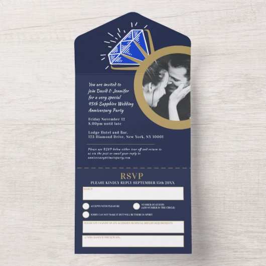 45e trouwdag feestje blauwe saffier ring all in one uitnodiging (Binnen)