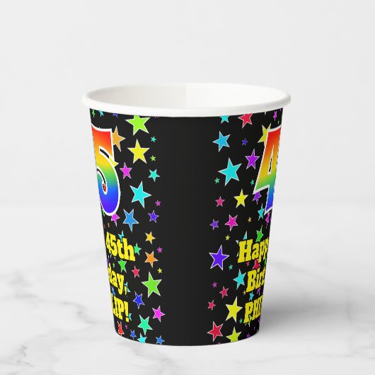 45e verjaardag: Fun Stars Pattern en Rainbow 45 Papieren Bekers (Links)