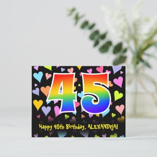 45e verjaardag: leuk hartjes patroon, regenboog 45 briefkaart (Staand voorkant)