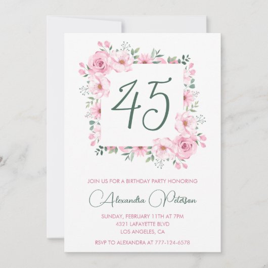 45e verjaardag uitnodigingen Floral Elegant Roze (Voorkant)