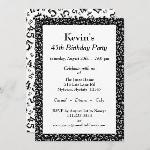 45th Birthday Party, Black/White Number Pattern Kaart