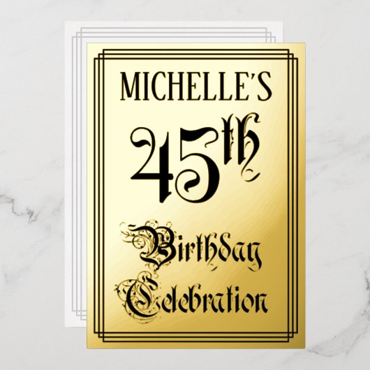 45th Birthday Party — Elegant Script + aangepaste  Folie Uitnodiging (Voorkant / Achterkant)