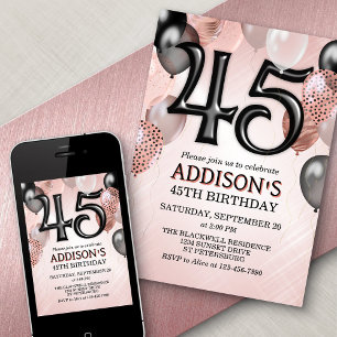 45th Birthday Roos Gold Balloons Invitation Kaart