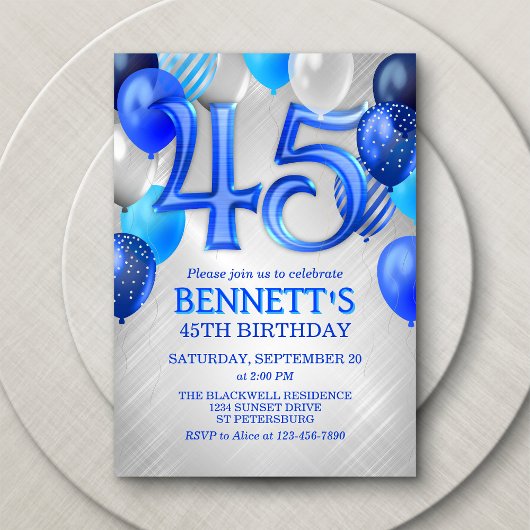 45th Mens Blue Anniversaire Invitation