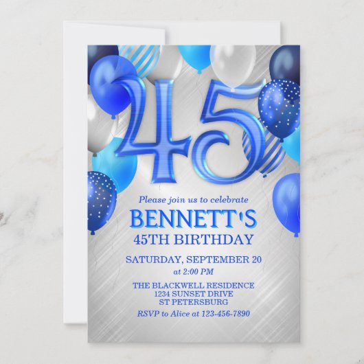 45th Mens Blue Anniversaire Invitation (Devant)
