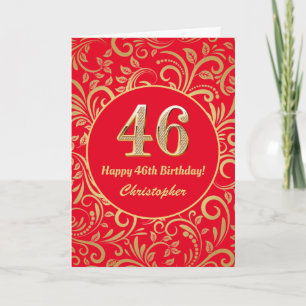 46e Birthday Red en Gold Floral Pattern Kaart