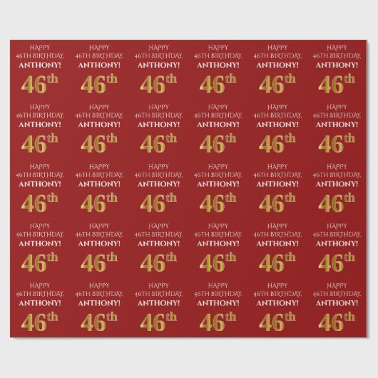 46e verjaardag: Elegant, Rood, Faux Gold Look Cadeaupapier (Vlak)