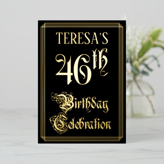 46e verjaardag — Fancy script en aangepaste naam Folie Uitnodiging (Staand Voorkant)