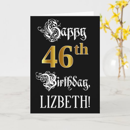 46e verjaardag — Fancy script; Faux Gold Kijk; naa Kaart (Gele Bloem)