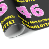 46e verjaardag: Roze strepen en hart "46" + naam Cadeaupapier (Rol Hoek)