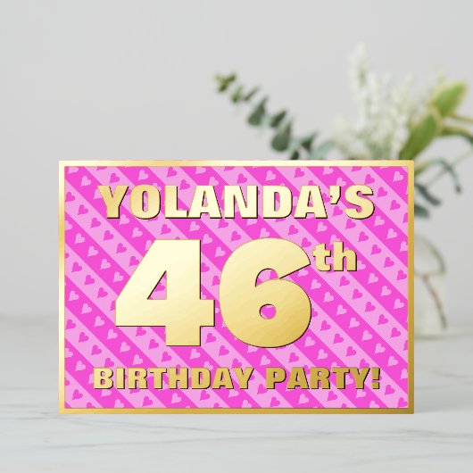 46e verjaardag — vuurroze harten en strips folie uitnodiging (Staand Voorkant)