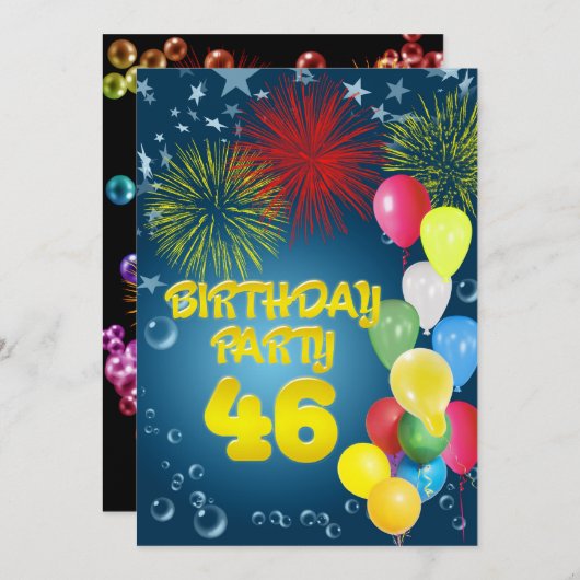 46ste verjaardag Uitnodiging met ballonnen (Voorkant / Achterkant)