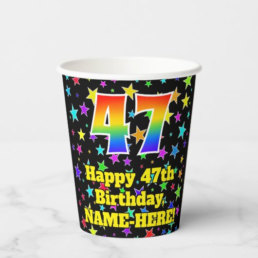 47e verjaardag: Fun Stars Pattern en Rainbow 47 Papieren Bekers (Achterkant)