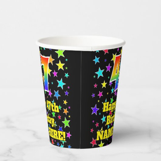 47e verjaardag: Fun Stars Pattern en Rainbow 47 Papieren Bekers (Rechts)