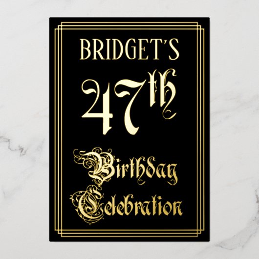 47e verjaardag Partij — Fancy Manuscript & Naam va Folie Uitnodiging (Voorkant)