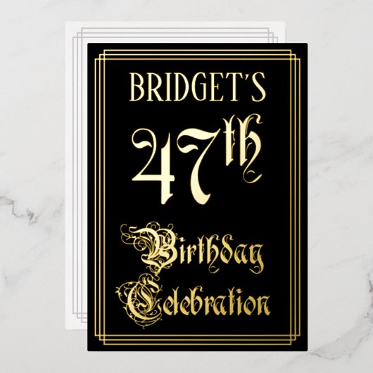 47ste verjaardagsfeest — Fancy Script & Aangepaste Folie Uitnodiging (Voorkant / Achterkant)
