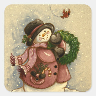 4886 Snowman Wreath Kardinaal Vierkante Sticker