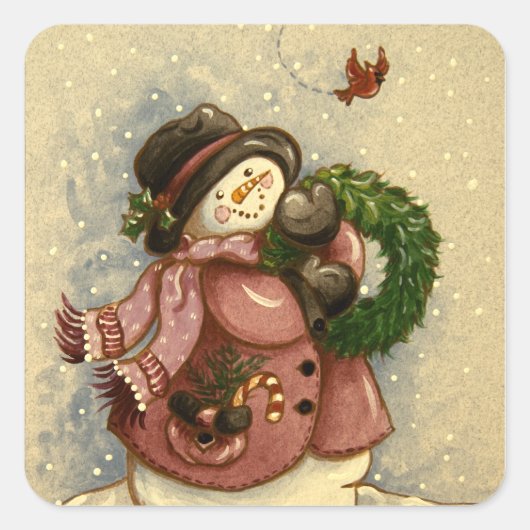4886 Snowman Wreath Kardinaal Vierkante Sticker (Voorkant)