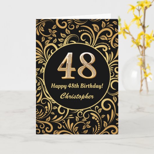 48e Birthday Black en Gold Floral Pattern Kaart (Gele Bloem)