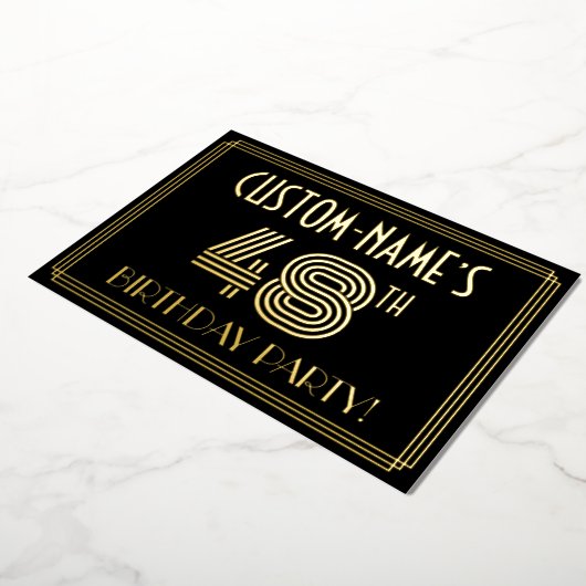 48e verjaardag — Art Deco Style "48" + Naam Folie Uitnodiging (Gedraaid)