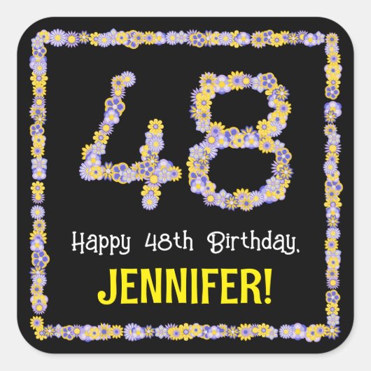 48e verjaardag: Floral Flowers Number, Custom Name Vierkante Sticker (Voorkant)