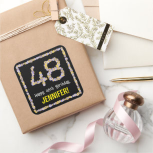 48e verjaardag: Floral Flowers Number, Custom Name Vierkante Sticker