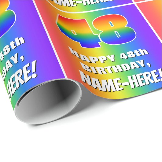 48e verjaardag: kleurrijk, vun regenboogpatroon #  cadeaupapier (Rol Hoek)