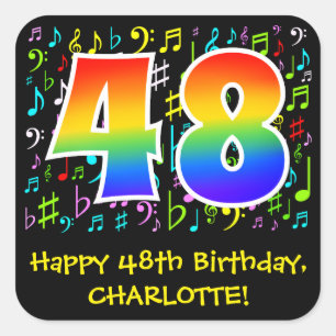 48e verjaardag: Kleurrijke muzieksymbolen, regenbo Vierkante Sticker
