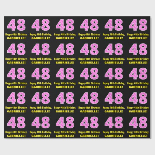 48e verjaardag: Roze strepen en hart "48" + naam Cadeaupapier (Vlak)