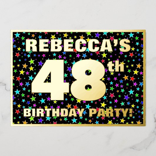 48e verjaardagsfeest — Leuke, kleurrijke sterrenpr Folie Uitnodiging (Voorkant)