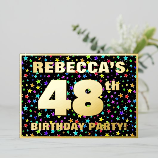 48e verjaardagsfeest — Leuke, kleurrijke sterrenpr Folie Uitnodiging (Staand Voorkant)