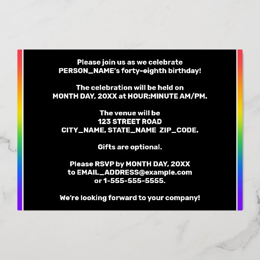 48e verjaardagsfeest — Leuke, kleurrijke sterrenpr Folie Uitnodiging (Achterkant)