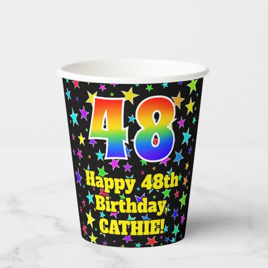 48th Birthday: Fun Stars Pattern and Rainbow 48 Papieren Bekers (Voorkant)