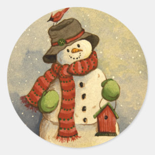 4905 Snowman & Birdhouse Kerstmis Ronde Sticker