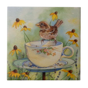 4920 Sparrow on Teacup Feeder with Coneflowers Tegeltje