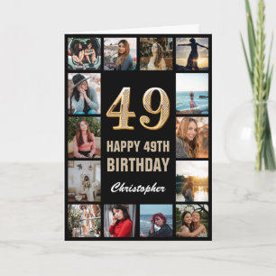 49e Happy Birthday Black en Gold Photo Collage Kaart