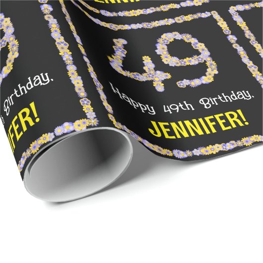 49e verjaardag: Floral Flowers Number, Custom Name Cadeaupapier (Rol Hoek)