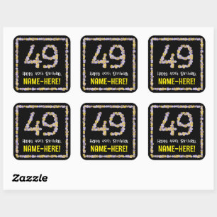 49e verjaardag: Floral Flowers Number, Custom Name Vierkante Sticker