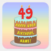 49e verjaardag: Fun Cake and Candles + Custom Name Vierkante Sticker (Voorkant)