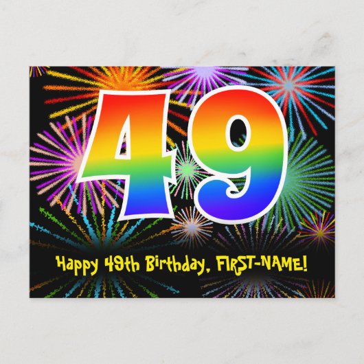 49e verjaardag - Fun Fireworks Pattern + Rainbow 4 Briefkaart (Voorkant)