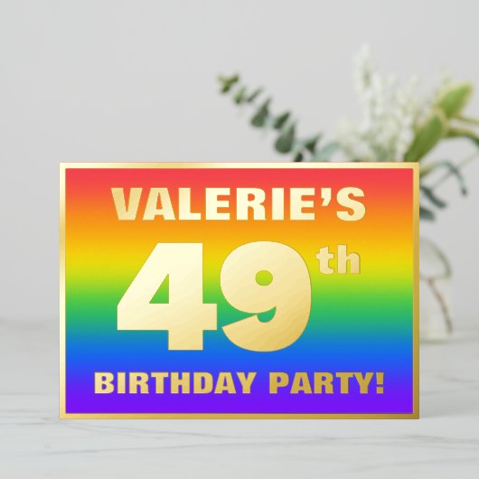 49e verjaardag: Fun, kleurrijk regenboogpatroon Folie Uitnodiging (Staand Voorkant)