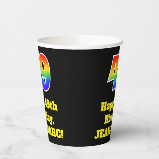 49e verjaardag: Kleurrijk, Leuk, Opwindend, Regenb Papieren Bekers (Links)
