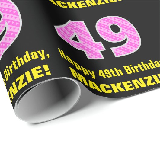 49e verjaardag: Roze strepen en hart "49" + naam Cadeaupapier (Rol Hoek)